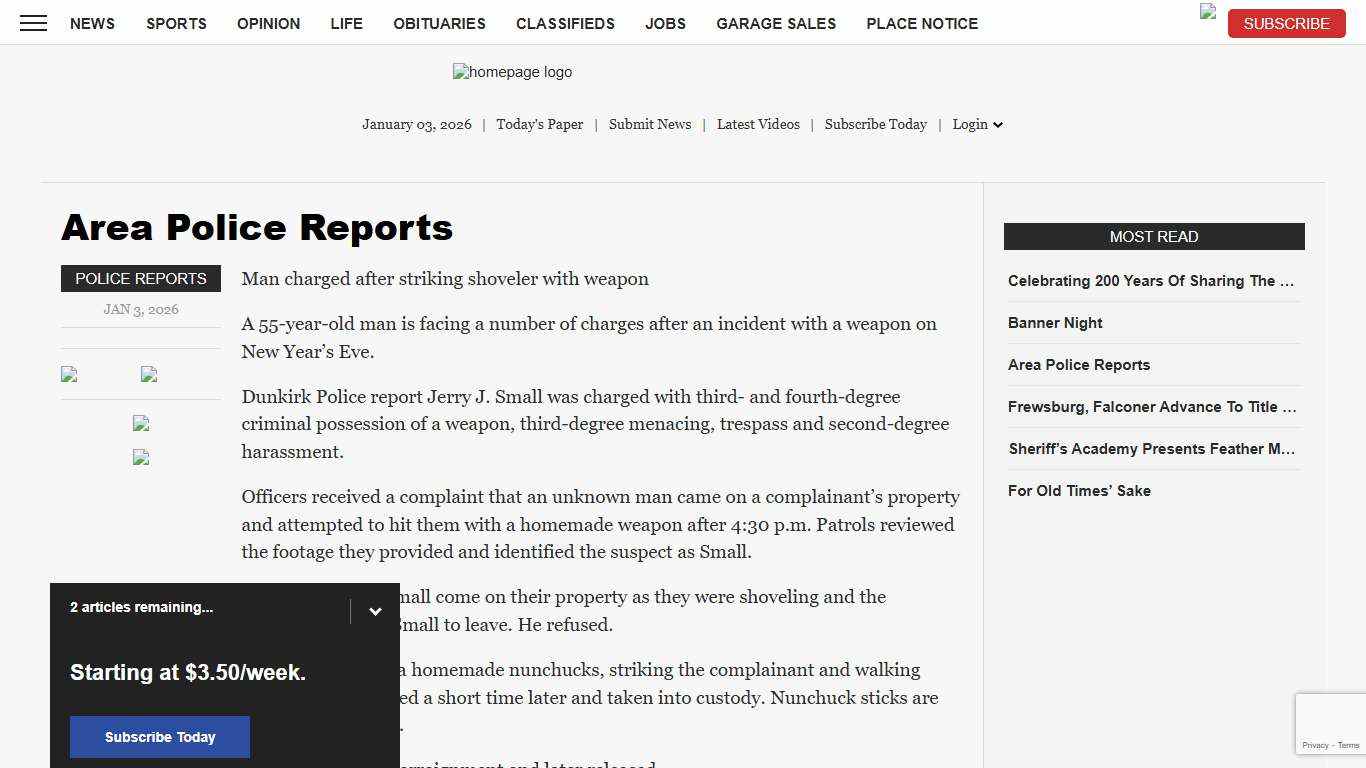 Area Police Reports News, Sports, Jobs - Post Journal