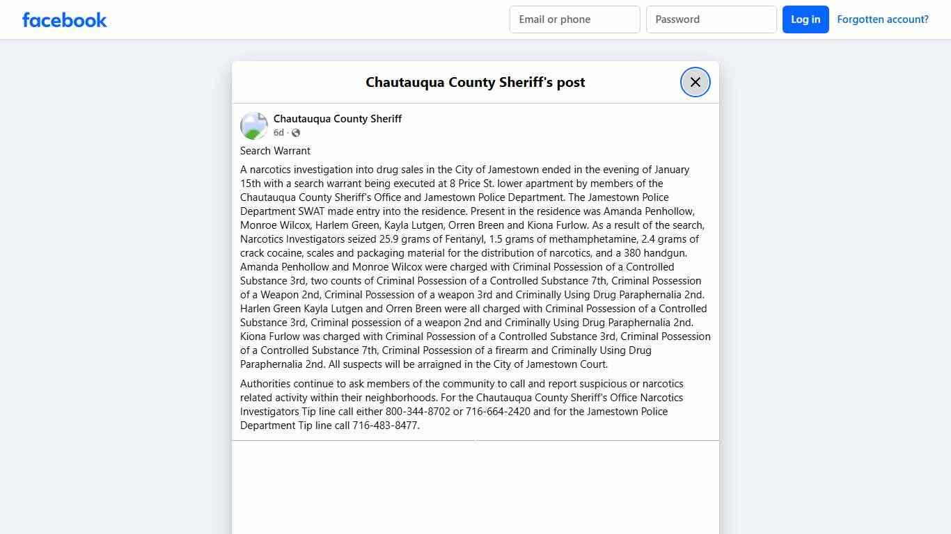 Search Warrant A narcotics... - Chautauqua County Sheriff Facebook